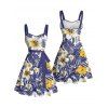 Vacation Couple Outfit Allover Tropical Leaf Hibiscus Floral Pattern Ruched Bust Belt A Line Mini Dress and Roll Up Sleeve Shirt Casual Matching Outfit - Bleu profond S | US 4