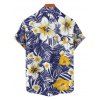 Vacation Couple Outfit Allover Tropical Leaf Hibiscus Floral Pattern Ruched Bust Belt A Line Mini Dress and Roll Up Sleeve Shirt Casual Matching Outfit - Bleu profond S | US 4