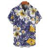 Vacation Couple Outfit Allover Tropical Leaf Hibiscus Floral Pattern Ruched Bust Belt A Line Mini Dress and Roll Up Sleeve Shirt Casual Matching Outfit - Bleu profond S | US 4