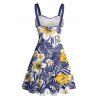 Vacation Couple Outfit Allover Tropical Leaf Hibiscus Floral Pattern Ruched Bust Belt A Line Mini Dress and Roll Up Sleeve Shirt Casual Matching Outfit - Bleu profond S | US 4