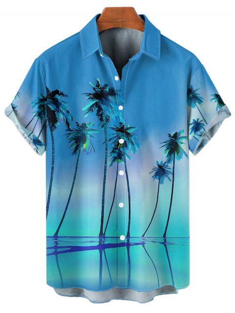 Chemise de Vacances Boutonnée Motif de Cocotier Tropicale à Manches Roulées pour Homme