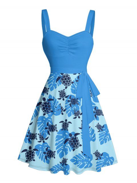 Mini Robe de Plage Ligne A Plissée Fleur Feuille de Mer Partout à Volants