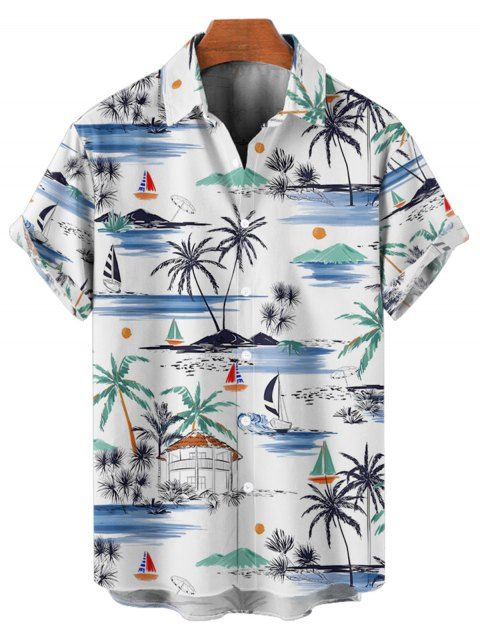 Chemise de Vacances Décontractée Motif de Paysage de Plage Cocotier à Manches Courtes