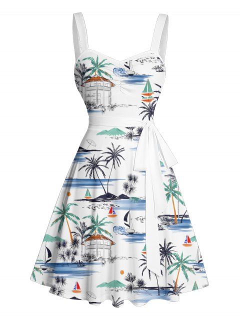 Mini Robe Ligne A de Plage Motif Paysage de Plage Cocotier à Volants