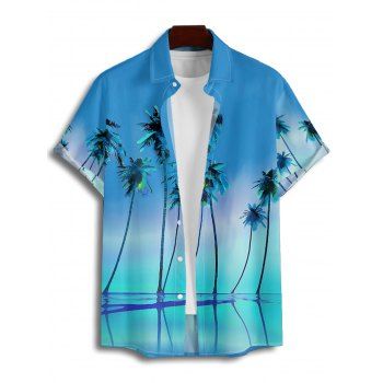 Vacation Couple Outfit Tropical Coconut Tree Pattern Ombre Spaghetti Strap A Line Tank Dress and Roll Up Sleeve Shirt Matching Outfit