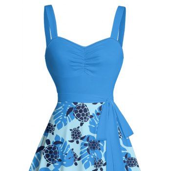 Allover Sea Turtle Leaf Pattern Beach Dress Ruched Bust Sweetheart Neck Belt A Line Mini Vacation Dress
