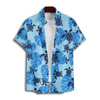 Beach Couple Outfit Allover Sea Turtle Leaf Pattern Ruched Bust Sweetheart Neck Belt A Line Mini Dress and Roll Up Sleeve Shirt Vacation Matching Outfit