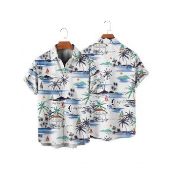 Vacation Couple Outfit Coconut Tree Beach Landscape Pattern Ruched Bust Sweetheart Neck Belt A Line Mini Dress and Roll Up Sleeve Shirt Beach Matching Outfit