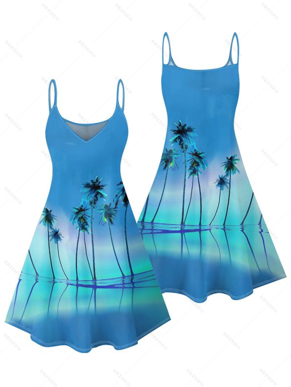 Robe Décontractée Ligne A Ombrée Motif D'Arbre de Noix de Coco à Bretelle Fine - Bleu XL | US 12