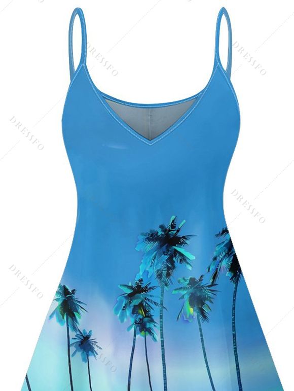 Robe Décontractée Ligne A Ombrée Motif D'Arbre de Noix de Coco à Bretelle Fine - Bleu XL | US 12