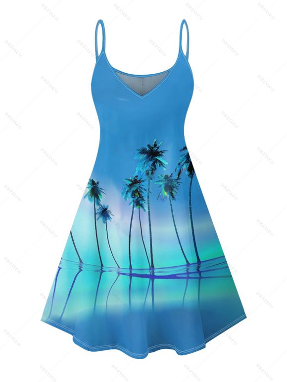 Vacation Couple Outfit Tropical Coconut Tree Pattern Ombre Spaghetti Strap A Line Tank Dress and Roll Up Sleeve Shirt Matching Outfit - Bleu S | US 4