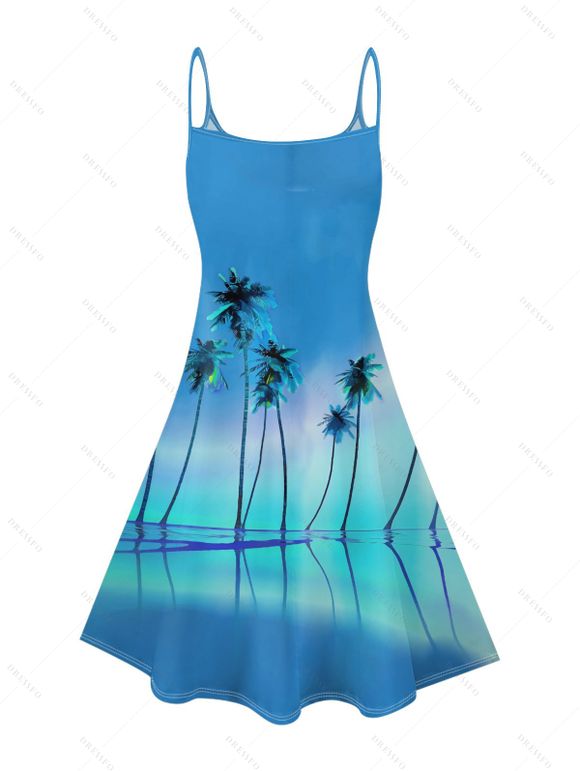 Vacation Couple Outfit Tropical Coconut Tree Pattern Ombre Spaghetti Strap A Line Tank Dress and Roll Up Sleeve Shirt Matching Outfit - Bleu S | US 4