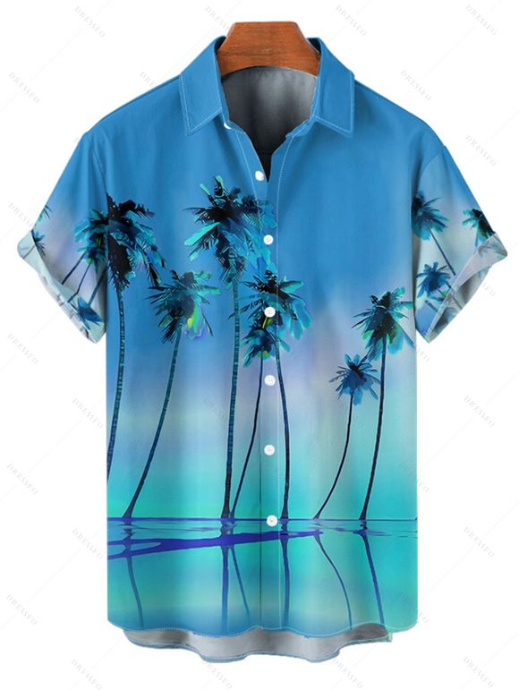 Vacation Couple Outfit Tropical Coconut Tree Pattern Ombre Spaghetti Strap A Line Tank Dress and Roll Up Sleeve Shirt Matching Outfit - Bleu S | US 4