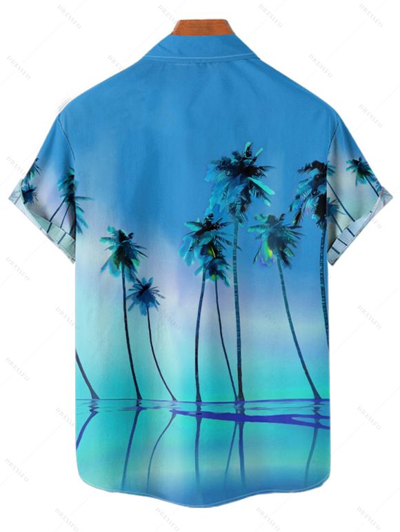 Vacation Couple Outfit Tropical Coconut Tree Pattern Ombre Spaghetti Strap A Line Tank Dress and Roll Up Sleeve Shirt Matching Outfit - Bleu S | US 4