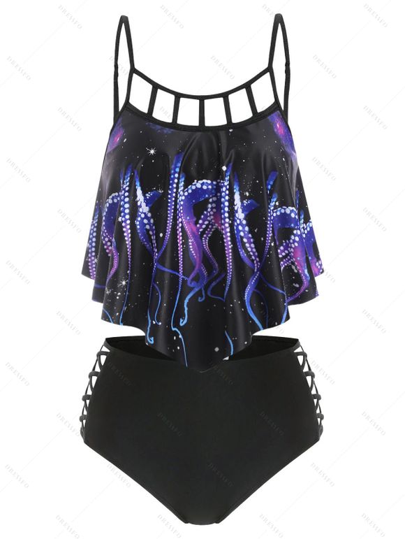 Maillot de Bain Tankini Croisé Gainant Découpé à Imprimé Pieuvre en Treillis à Volants de Plage - Violet Améthyste S
