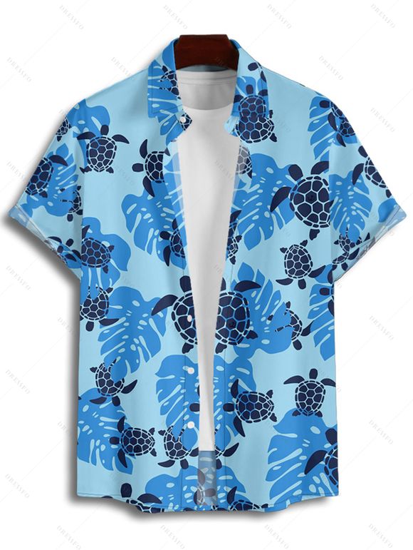 Chemise de Plage Boutonnée Motif de Feuille de Mer à Manches Roulées pour Homme - Bleu Ciel 4XL