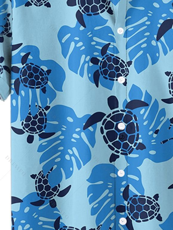 Chemise de Plage Boutonnée Motif de Feuille de Mer à Manches Roulées pour Homme - Bleu Ciel 4XL