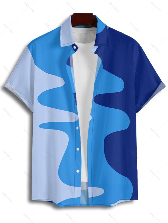 Chemise Décontractée Boutonnée Motif Géométrique en Blocs de Couleurs à Manches Courtes - Bleu S