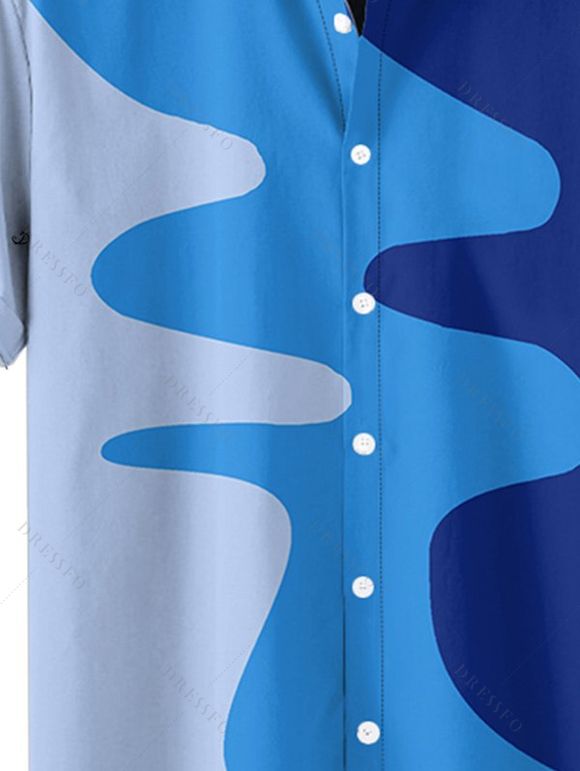 Chemise Décontractée Boutonnée Motif Géométrique en Blocs de Couleurs à Manches Courtes - Bleu S