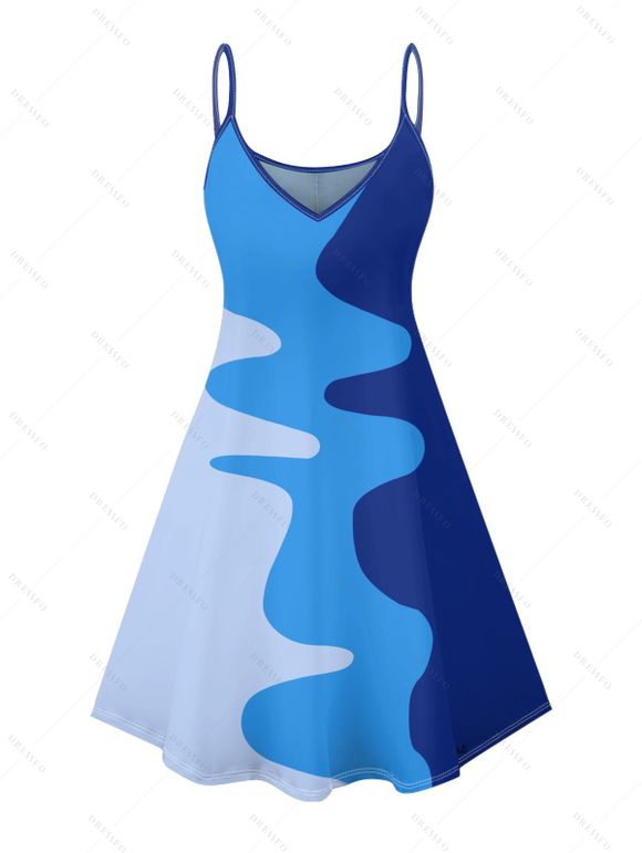 Casual Couple Outfit Colorblock Geometric Pattern Spaghetti Strap V Neck A Line Mini Tank Dress and Roll Up Sleeve Shirt Matching Outfit - Bleu S | US 4