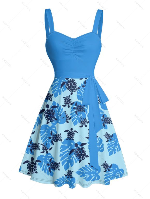 Beach Couple Outfit Allover Sea Turtle Leaf Pattern Ruched Bust Sweetheart Neck Belt A Line Mini Dress and Roll Up Sleeve Shirt Vacation Matching Outfit - Bleu Ciel S | US 4