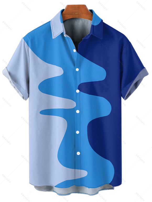 Casual Couple Outfit Colorblock Geometric Pattern Spaghetti Strap V Neck A Line Mini Tank Dress and Roll Up Sleeve Shirt Matching Outfit - Bleu S | US 4