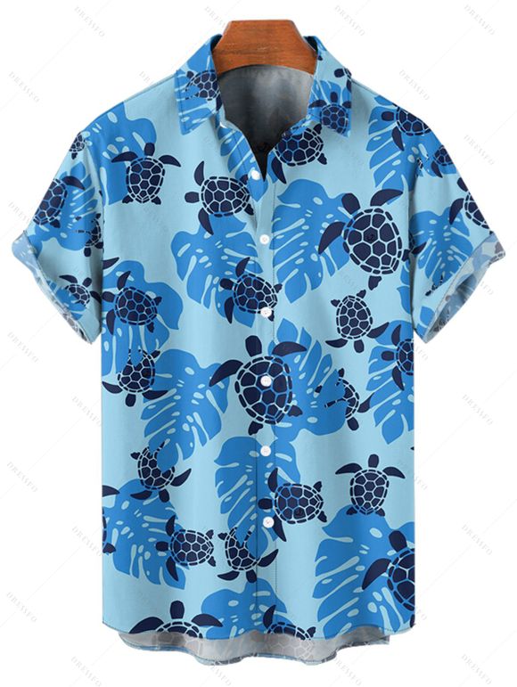 Beach Couple Outfit Allover Sea Turtle Leaf Pattern Ruched Bust Sweetheart Neck Belt A Line Mini Dress and Roll Up Sleeve Shirt Vacation Matching Outfit - Bleu Ciel S | US 4