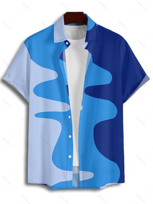 Casual Couple Outfit Colorblock Geometric Pattern Spaghetti Strap V Neck A Line Mini Tank Dress and Roll Up Sleeve Shirt Matching Outfit - Bleu S | US 4