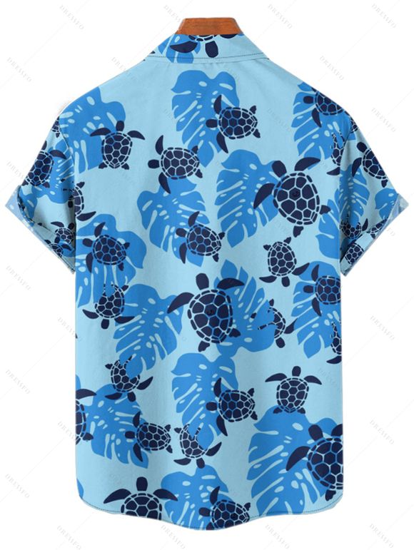 Beach Couple Outfit Allover Sea Turtle Leaf Pattern Ruched Bust Sweetheart Neck Belt A Line Mini Dress and Roll Up Sleeve Shirt Vacation Matching Outfit - Bleu Ciel S | US 4