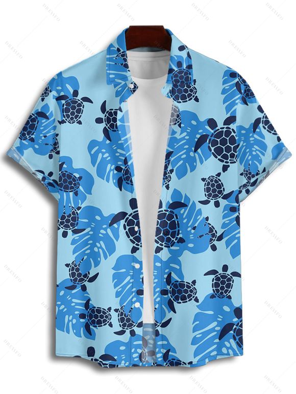 Beach Couple Outfit Allover Sea Turtle Leaf Pattern Ruched Bust Sweetheart Neck Belt A Line Mini Dress and Roll Up Sleeve Shirt Vacation Matching Outfit - Bleu Ciel S | US 4