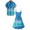 Vacation Couple Outfit Tropical Coconut Tree Pattern Ombre Spaghetti Strap A Line Tank Dress and Roll Up Sleeve Shirt Matching Outfit - Bleu S | US 4