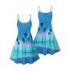 Vacation Couple Outfit Tropical Coconut Tree Pattern Ombre Spaghetti Strap A Line Tank Dress and Roll Up Sleeve Shirt Matching Outfit - Bleu S | US 4
