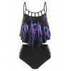 Maillot de Bain Tankini Croisé Gainant Découpé à Imprimé Pieuvre en Treillis à Volants de Plage - Violet Améthyste S