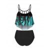 Maillot de Bain Tankini Croisé Gainant Découpé à Imprimé Pieuvre en Treillis à Volants de Plage - Noir M