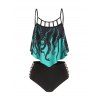 Maillot de Bain Tankini Croisé Gainant Découpé à Imprimé Pieuvre en Treillis à Volants de Plage - Noir M