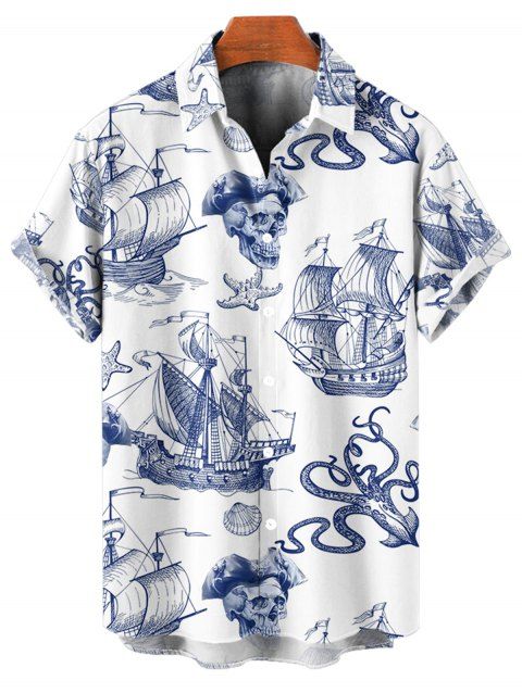 T-Shirt Manches Courtes à Imprimé Voilier Crâne et Etoile de Mer avec Boutons pour Hommes