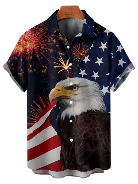 Chemise Boutonnée Drapeau Américain Aigle et Feu D'Artifice Rayé à Manches Courtes pour Homme