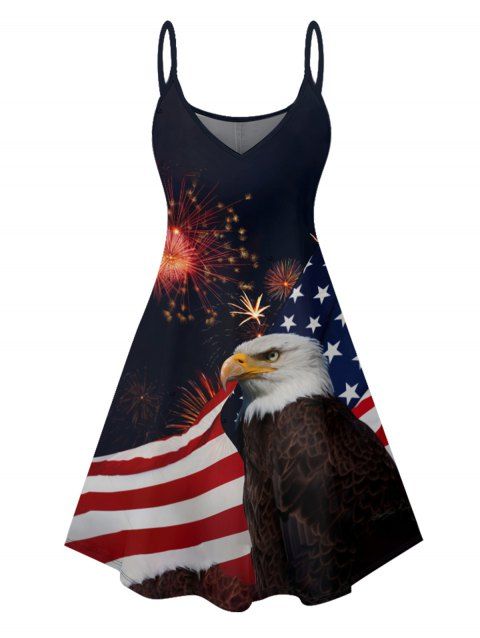 American Flag Star Striped Eagle Firework Pattern Independence Day Dress Spaghetti Strap V Neck A Line Mini Patriotic Tank Dress