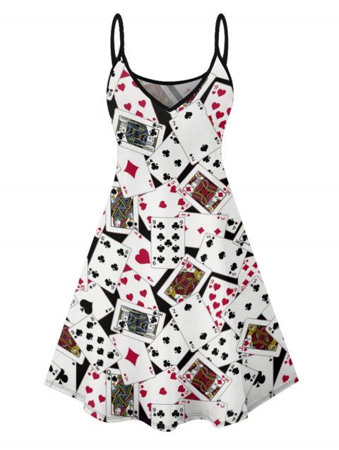 Allover Playing Cards Pattern Casual Dress Spaghetti Strap V Neck A Line Mini Vacation Tank Dress