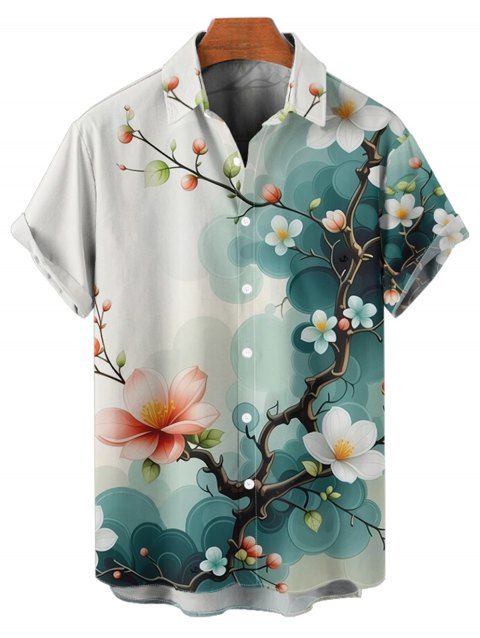 Chemise de Vacances Décontractée Boutonnée Motif de Feuille Tropicale à Manches Courtes