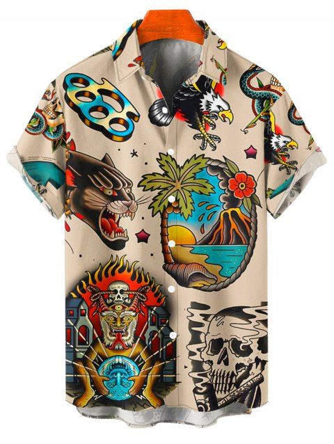 Chemise de Plage Gothique en Forme de Squelette D'Aigle Boutonnée à Manches Courtes pour Homme