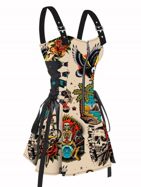 Beach Landscape Skeleton Eagle Pattern Gothic Dress Lace Up Half Zipper Buckle Strap A Line Mini Vacation Dress