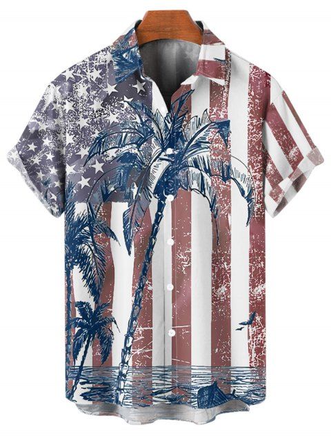 Chemise Boutonnée Drapeau Américain Imprimé à Manches Courtes