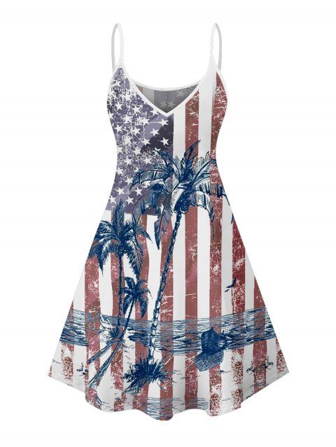 American Flag Star Striped Coconut Tree Pattern Independence Day Dress Spaghetti Strap V Neck A Line Mini Patriotic Tank Dress