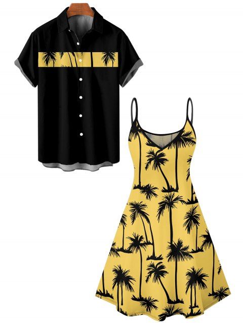 Hawaii Palm Tree Print Vacation Spaghetti Strap V Neck A Mini Dress And Short Sleeve Shirt Matching Outfit