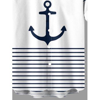Men's Striped Anchor Contrast Color Pattern Casual Shirt Roll Up Short Sleeve Button Up Shirt