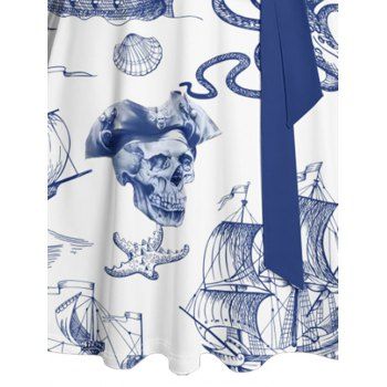 Contrast Color Sailing Anchor Starfish Skulls Ocean Elements Pattern Beach Dress Ruched Bust Sweetheart Neck Belt A Line Mini Vacation Dress