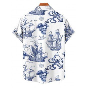 Beach Couple Outfit Sailing Anchor Starfish Skulls Ocean Elements Pattern Ruched Bust Sweetheart Neck Belt A Line Mini Dress and Roll Up Sleeve Shirt Vacation Matching Outfit