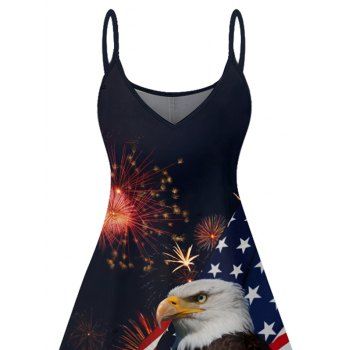 American Flag Star Striped Eagle Firework Pattern Independence Day Dress Spaghetti Strap V Neck A Line Mini Patriotic Tank Dress