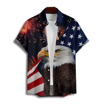 Independence Day Couple Outfit American Flag Star Striped Eagle Firework Pattern Spaghetti Strap V Neck A Line Mini Tank Dress and Roll Up Sleeve Shirt Patriotic Matching Outfit